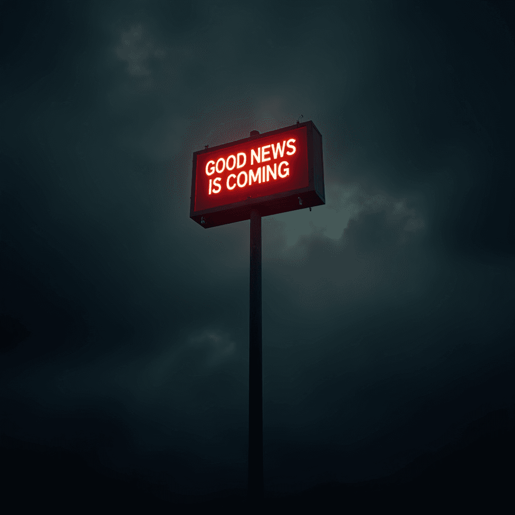 A glowing red sign with the message 'Good News Is Coming' stands against a dark, cloudy sky.