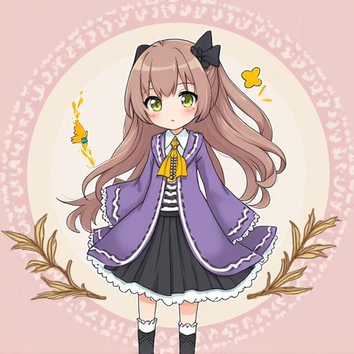 A cute anime girl standing against a soft pink background. She has long hair, green eyes, and a black bow. Wearing a lavender coat and a yellow tie. The design includes floral ornaments and a cheerful disposition.