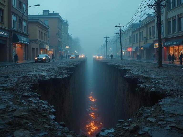 Visual of a town experiencing a natural disaster with a deep crack in the ground splitting a building in half. Destruction and chaos evident in the scene with people running and cars falling into the crack amid smoke and sparks. The town is shrouded in a dark blue fog.