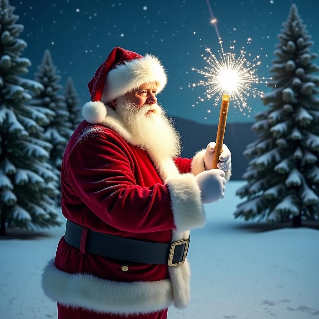 Santa Claus holding a magical wand in a snowy landscape. Wearing a traditional red suit and hat. Wand shines brightly. Evergreen trees are in the background under a starry sky. Scene evokes festivity and magic.