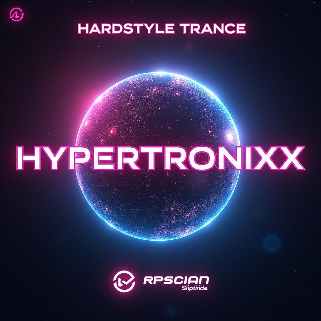 Album cover featuring a glowing planet. Futuristic text says Hardstyle Trance and DJ Hypertronixx. Bold neon colors are used.