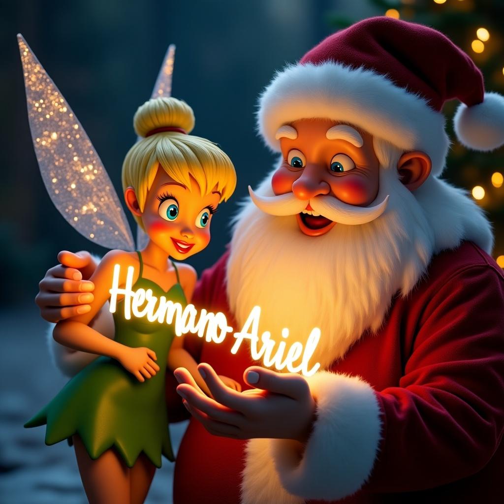 Image features Tinker Bell holding a glow stick forming the name 'Hermano Ariel'. Santa appears jolly with a warm expression. The glowing text enhances the festive atmosphere. The scene captures the magic of Christmas and the joy of the season.