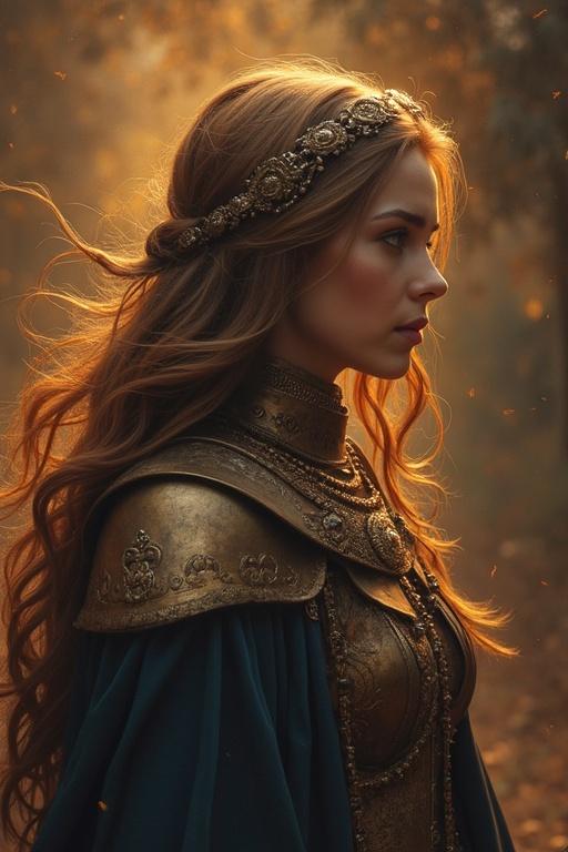 Portrait of a woman with long flowing hair wearing intricate golden accessories and a detailed outfit. The background shows soft golden light filtering through trees. The image captures a fantasy royal theme. A side profile view enhances the elegant features of the subject.