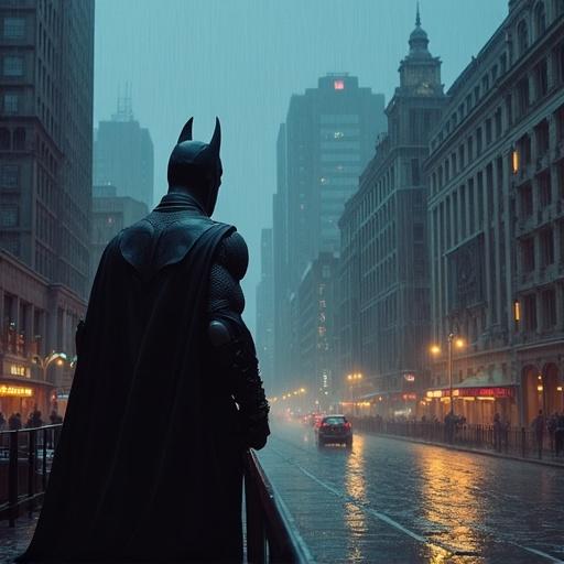 Generate an image with buildings and Batman facing them in the rain