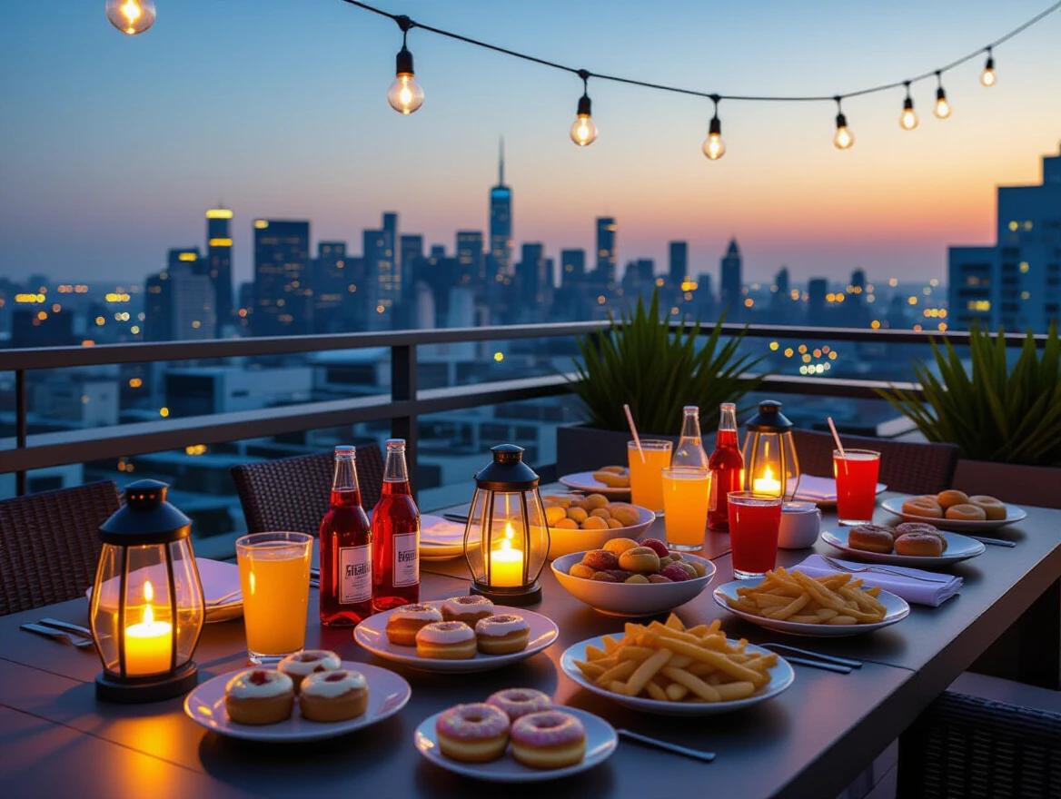 Teen-friendly rooftop dining setup at night on a high-rise terrace. Glowing lanterns and string lights create warmth. Twinkling skyline in the distance. Bottles of chilled soda and fruit punch. Snacks like sandwiches nachos fries cupcakes donuts cookies. Modern ceramic plates and cups. Cozy polished table surface. Rich ambient shadows. Elegant decor without alcohol. Upscale setting with youthful energy. Sharp labels realistic food textures. Luxury rooftop vibe.