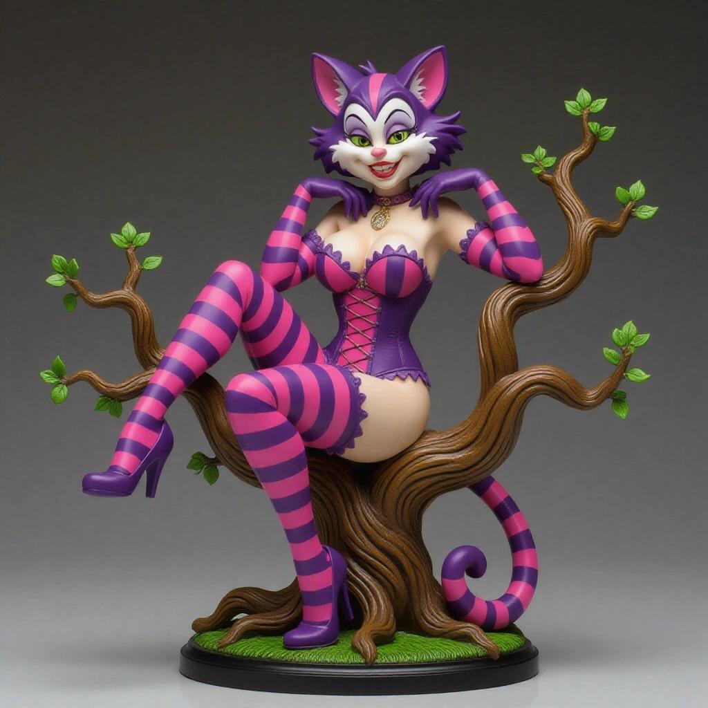 Highly detailed resin sculpture of a sensual woman inspired by the Cheshire Cat. Figure poses elegantly on a twisted tree branch wearing a purple and pink striped outfit. Body arched with one leg bent. Arms resting fluidly. Suspended above the base. Features long wavy hair in lilac and pink. Base decorated with small leaves and pink mushrooms. Represents fantasy and playful elegance.