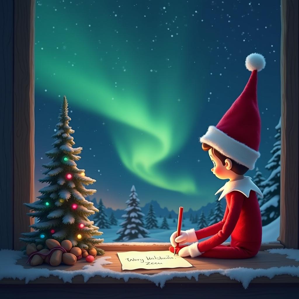 An elf on the shelf is sitting by a window, writing a letter during Christmas. The serene winter landscape outside is illuminated by the vibrant northern lights. A small Christmas tree with twinkling lights stands beside him, while colorful ornaments rest below it. The elf wears a classic red outfit with a pointy hat, embodying the festive spirit. He concentrates intently on his letter, creating a charming holiday atmosphere.