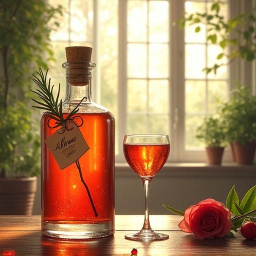 Minimalist scene in a cozy sunroom with a goddess serving cocktails. Tasting glass of shimmering reddish herbal liqueur. Serene atmosphere with soft lighting and antique furniture. Foreground includes an apothecary-style bottle with cork lid, bright reddish liqueur, a tag labeled 'ALFRUNO', and sprigs of rosemary and roses. Rendered in whimsical, dreamy style with watercolor and mixed media effects.