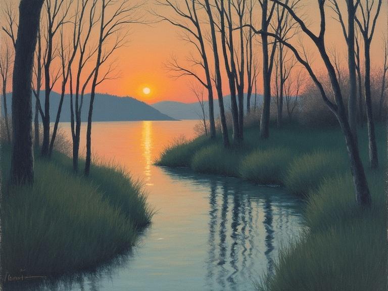 Landscape painting depicting a serene river at twilight. Sunset casts a warm glow over the water creating reflections. Silhouetted trees frame the riverbank. Muted color palette with soft pastels.