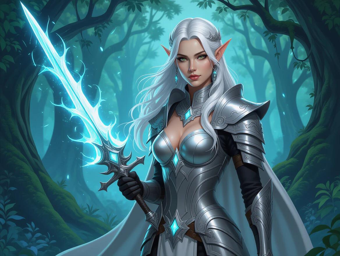 An elven warrior stands confidently in a mystical forest. The warrior wears silver armor with intricate designs. In one hand, the warrior holds a glowing sword that emits a magical aura. The background is filled with lush green trees and mist. This scene conveys a sense of adventure and heroism.