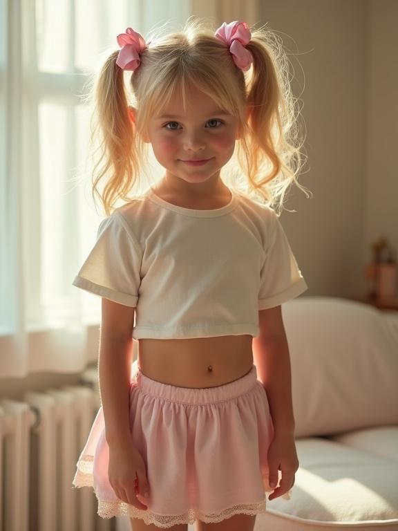 Beautiful blonde girl standing in softly lit room. Twin tails tied with satin pink ribbons. Wearing snug white crop top and pale pink skirt. Legs in lace-trimmed thigh-high socks. Black shoes. Cheeks have natural blush. Head tilted slightly with playful sparkle in eyes. Warm glow casts soft shadows. Casual spontaneous photo.