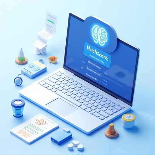Isometric illustration of patient matching dashboard on laptop. Screen shows 'MatchScore: 92%'. Eligibility criteria highlighted. Glowing brain icon denotes AI. Clean futuristic design. Flat 3D style. Blue white light colors. Emphasizes clarity and simplicity. Minimal props around laptop.
