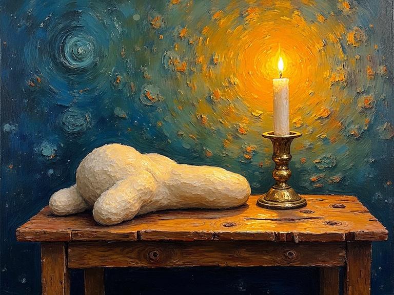 Vibrant still life. Rustic wooden table. Nude body placed on the table. Candle flickering with golden flame. Background with swirling textured wall. Bold expressive strokes resemble Van Gogh's style. Thick impasto brushstrokes. Light casts dynamic shadows. Highlighting rough organic shapes.