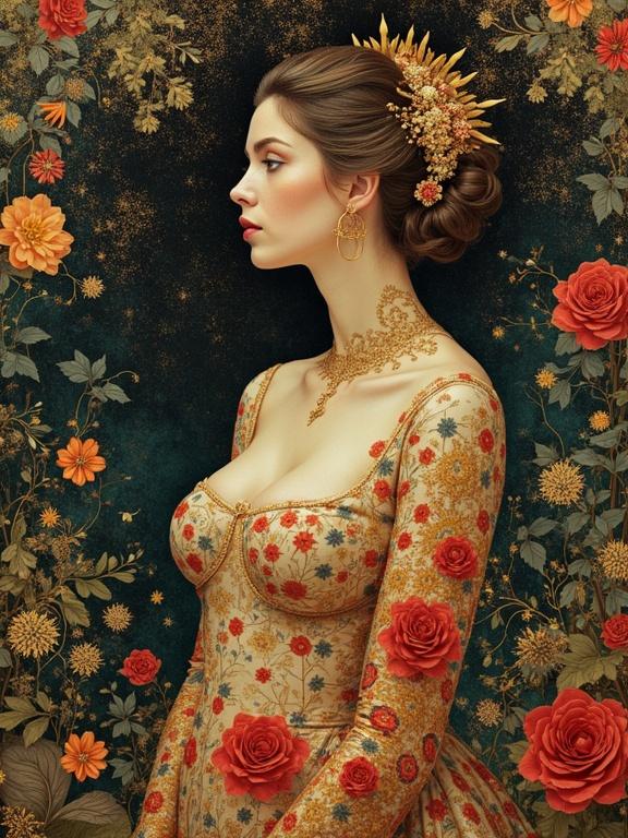 Portrait of a woman in an ornate gown featuring floral patterns. The subject has gold accessories and hair ornaments. The background is richly decorated with flowers.