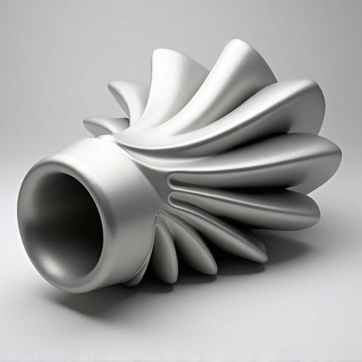 Volumetric sculpture inspired by automotive design. Features cylindrical main body. Conical front section leads to petal-like structures. Dynamic fan-like pattern at rear. Central axis runs smoothly. Emphasizes streamlined directionality and symmetry. Metallic surface with reflective qualities. Suggests steel or aluminum material. Smooth surfaces contrast with segmented flanges. Highlights industrial solidity and precision engineering.