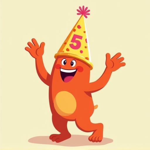 Happy Stirch character arms raised celebrating. Wearing a colorful birthday hat with number 5. Bright and cheerful atmosphere.