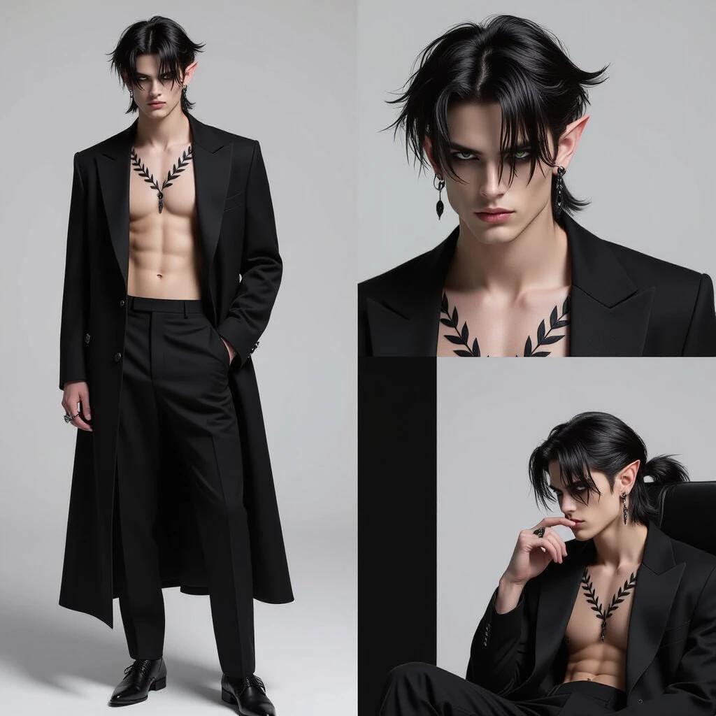 Young man poses with neutral expression. Tousled black hair styled as mullet. Black eyes create sinister look. Wears long black overcoat and pants. Shirtless with chest tattoo of black leaves. Accessories include black earrings. Overall dark modern appearance.