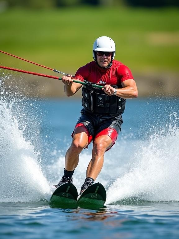 Photograph shows male water skier mid-action. Skier wearing white helmet and red and black wetsuit. Holds tow rope with both hands. Legs kicked back, white water skis with black and green accents. Water splashing around skier. Bright sunlight present. Clear blue water and green grassy shore background. Dynamic and energetic pose with focused expression. Action shot taken during daytime in outdoor setting. Bright colors with water droplets in mid-air. Athletic and adventurous vibe depicted. Detailed textures visible in water and wetsuit. Vibrant and lively scene with high contrast and sharp focus on skier. Background slightly blurred to emphasize movement and speed. Represents water skiing sport.