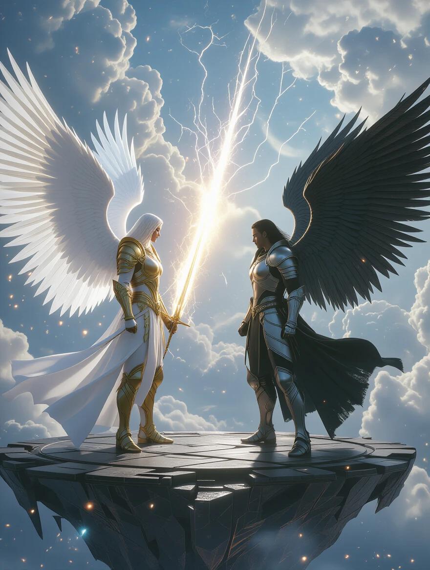 Two angelic warriors stand on a floating celestial platform. One has radiant white wings and golden armor. The other has dark tattered wings with silver battle-worn armor. Energy crackles around them. They are preparing to clash. Divine light and shadow collide. Dramatic clouds are present. Glowing fragments of heaven float in the air.