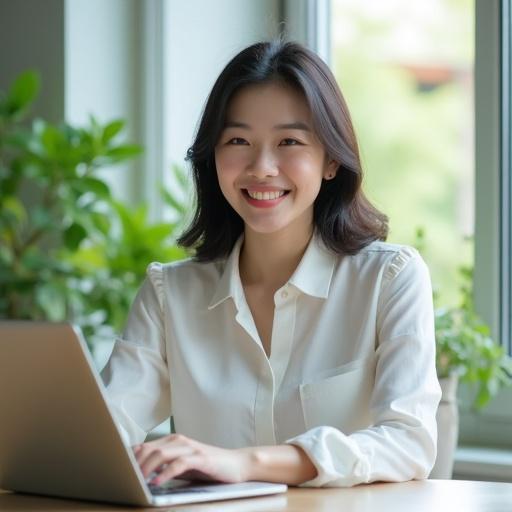 A young Korean woman working on a laptop with a warm and natural smile. She sits near a window in a bright office filled with natural light and green plants in the background, wearing a white blouse. The photo is taken from a semi-side angle in a realistic style with soft lighting. Her natural Korean facial features and expression are clearly emphasized.