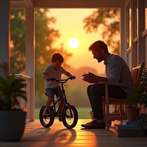 Photorealistic scene of a father teaching his son to ride a bike at sunset in a park. Warm soft light creates a joyful atmosphere. Lush green trees in the background add depth. Focusing on the loving relationship during this moment.