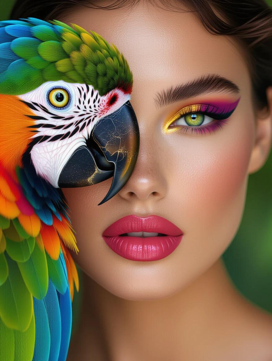 High-resolution close-up image of half a woman's face with golden amber eyes. Makeup inspired by a parrot featuring vibrant colors. Plush tropical pink lips. Focus on eyes and lips with parrot elements.