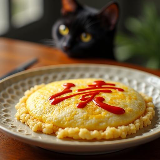Surreal image featuring omelette rice with "おばかさん" in ketchup. Tiny black cat hidden in background. Engraving of @hu_jim29 logo on dish. Highly detailed and photorealistic. Bright colors and dynamic composition. Dramatic lighting.