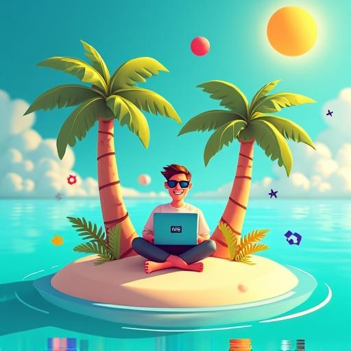 Digital illustration of a tropical island made of graphic design tools. A beach is a color palette. Palm trees shaped like Photoshop and Illustrator tools. Sun is an Adobe logo. Young man in sunglasses works on a laptop. Floating elements like vector shapes and color wheels. Semi-realistic and colorful style with vivid lighting and soft shadows.