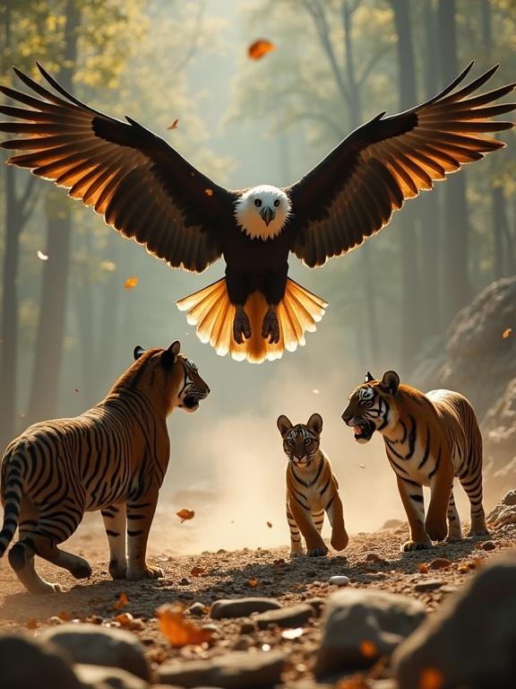 A hyper-realistic scene in the wild. A massive eagle with powerful wings spread wide captured mid-dive. The eagle attempts to snatch a tiger cub. The cub stands close to two large tiger parents. The tigers show intense fear and protective instincts. The setting is a rocky, sunlit forest clearing. Dust and leaves swirl around from the eagle's descent. The moment is frozen before impact. Dramatic lighting with extreme detail.