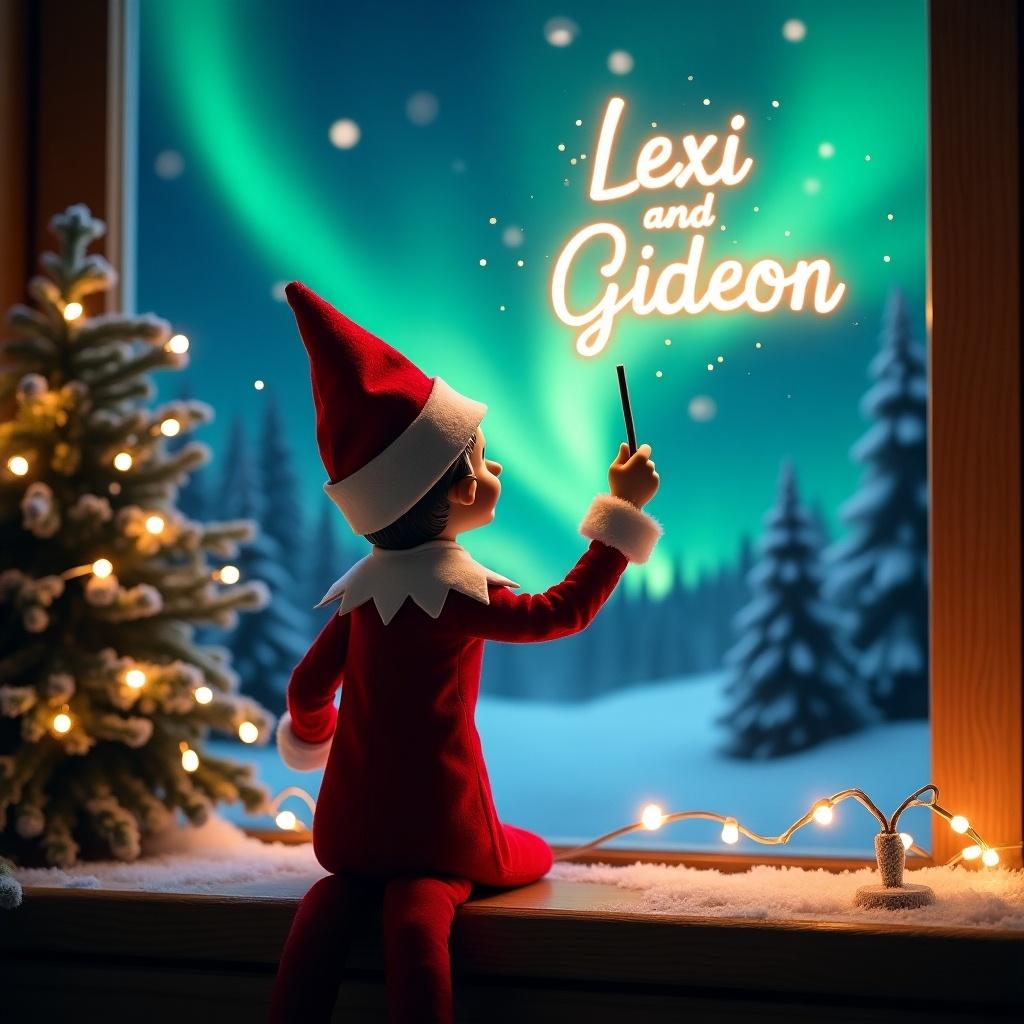 Enchanting Christmas scene with an elf on the shelf. The elf wears a red and white outfit and uses a magic wand. He writes 'Lexi' and 'Gideon' in glowing text. The backdrop features vibrant northern lights. The atmosphere is festive and captures holiday joy.