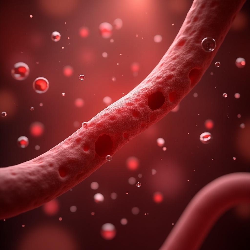 Thrombosis depicted in blood vessels with detailed textures and droplets.