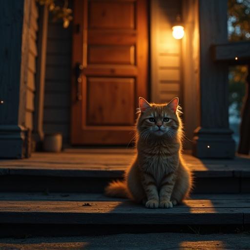 Nighttime photo showcasing a fluffy ginger cat on a wooden porch. Cat grinning at the camera with closed eyes. Warm porch light illuminating cat's face. Moonlight highlighting fur and shadows. Rich wooden door partially open with a soft glow. Weathered wooden steps leading into darkness. Fireflies creating points of light in the night. Mysterious yet playful atmosphere. Shot in ultra-realistic style.