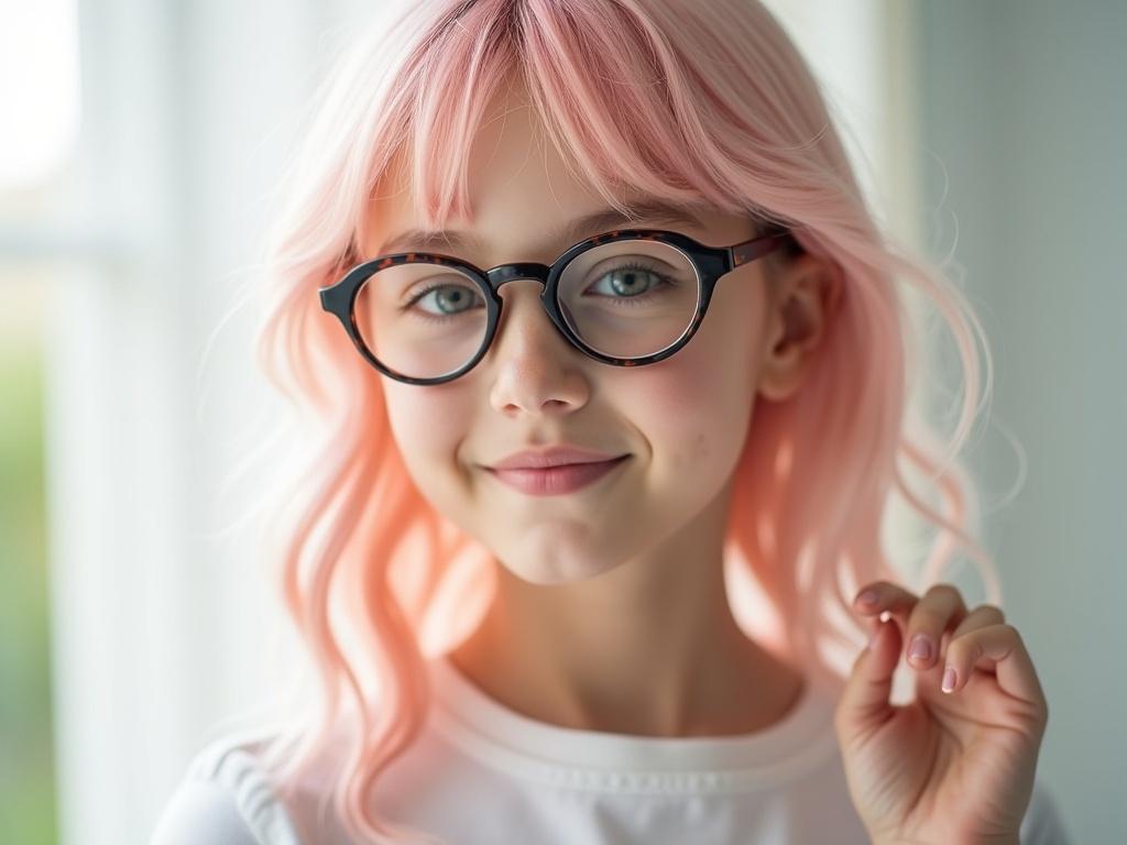 Describe this image with key visual elements that could recreate it. The main subject is a girl with light pink hair, wearing glasses. She has a soft, approachable expression. The composition shows her from the shoulders up, and she is positioned slightly to the left, allowing a glimpse of a bright, softly lit background. The lighting is natural and enhances her delicate features. Her skin tone is light, and she is dressed in a simple white top. Notable details include her glasses and the way she gently touches her hair.
