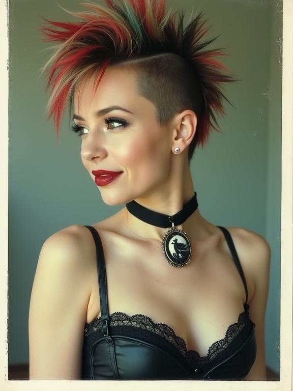 Polaroid of a punk woman with multi-coloured spiky hair styled in a mohawk. Shaved sides. Deep red lipstick. Black choker necklace with a bird cameo. Wearing a lace trimmed leather corset. Camera angle is slightly low. Capturing her from the side. Head turned to the left. Looking over her shoulder with a subtle smile. Soft and even lighting, no harsh shadows.