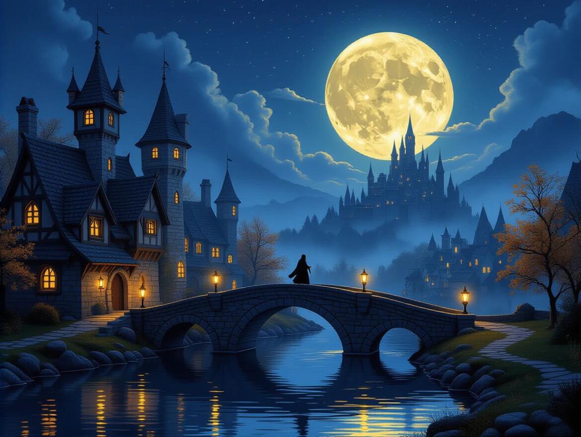 Fantasy medieval village at night. Glowing lantern-lit stone bridge over calm river. Lone cloaked figure crossing bridge. Enchanted castle on distant hilltop. Gigantic full moon in night sky. Autumn trees with golden leaves. Misty atmosphere. Dreamy magical lighting. Painterly reflections on water. Epic fantasy landscape. Detailed medieval architecture.