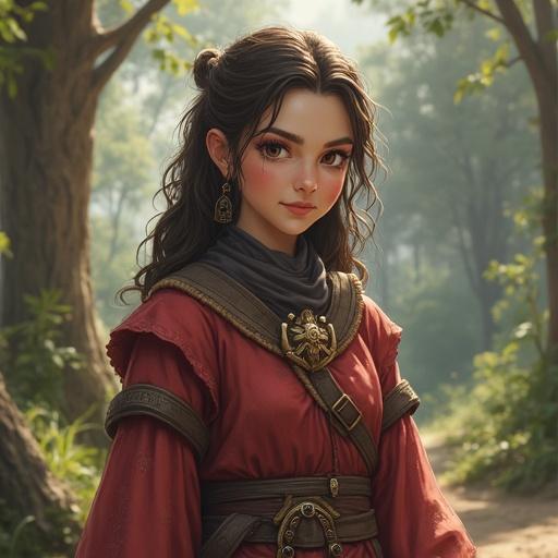 Human woman dressed as a villager from a fantasy RPG. The character has an engaging expression, wearing medieval-inspired clothing, and is set in a wooded environment.
