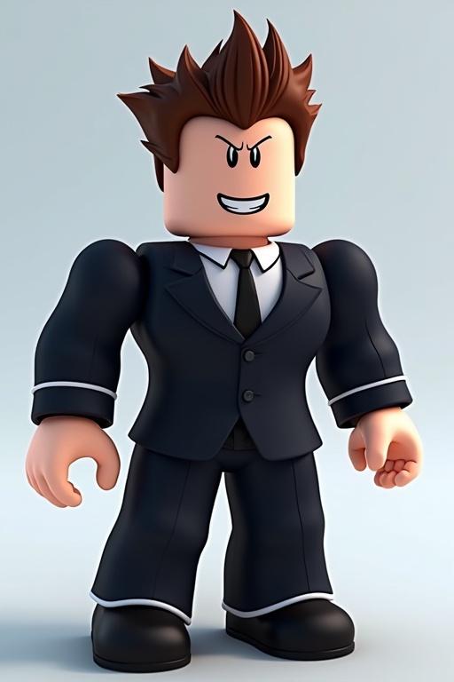 Roblox character design inspired by a fictional character. Character has spiky hair, wearing a formal black suit and tie. Strong build with a confident expression.