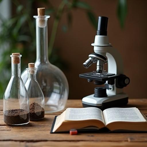 A microscope with soil samples in glass flasks placed on a wooden table. An open book rests on the table beside the microscope. Green plants are visible in the background. Items are arranged separately but within the same frame for clarity.