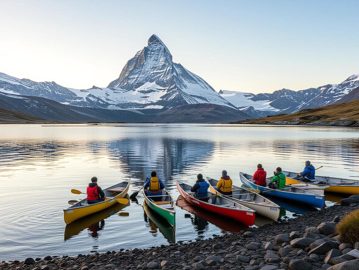 Canoes on a tranquil lake at sunrise in the mountains. A majestic mountain reflects in the water. Several people are visible in colorful kayaks approaching the shore. Crisp air and a pristine environment.