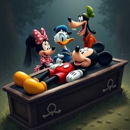 Mickey Mouse is lying in a coffin. Minnie Mouse is wearing a black veil. Donald Duck and Goofy are standing behind the coffin. The atmosphere is somber and eerie.