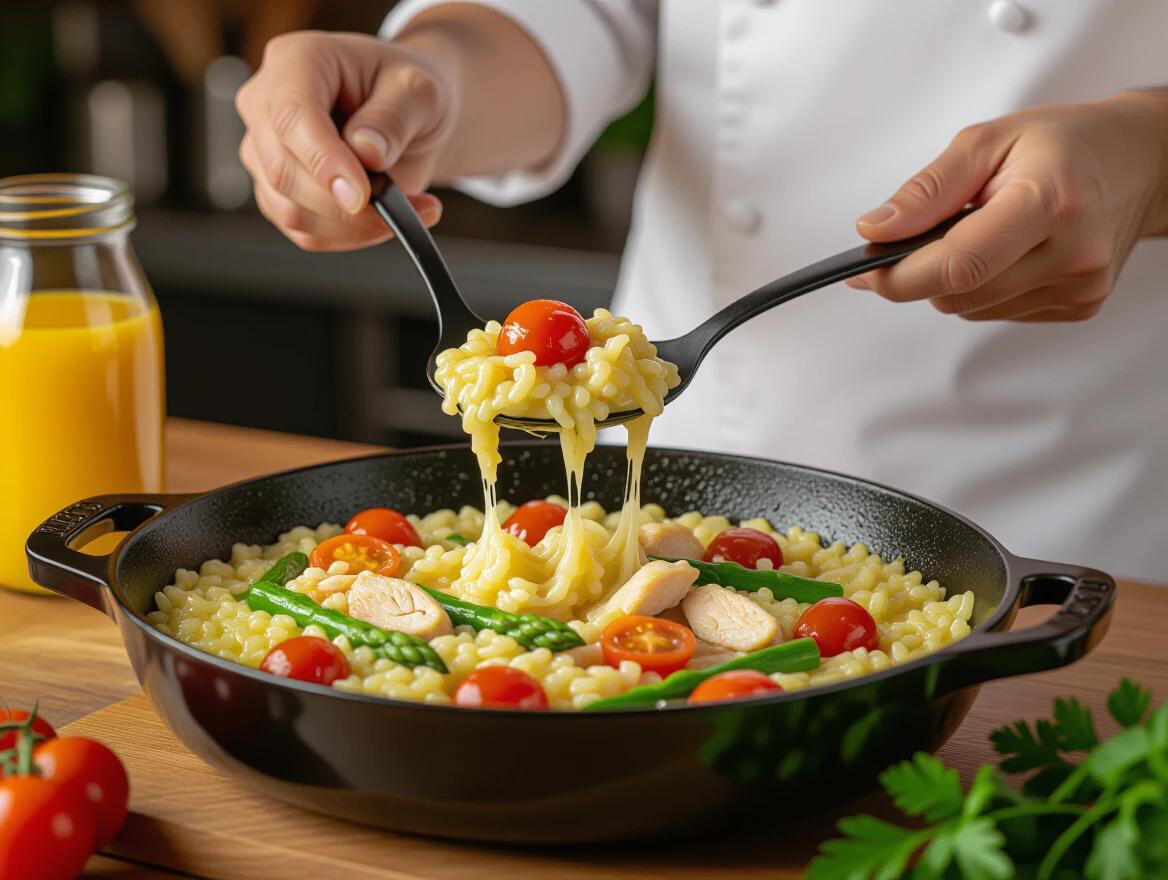 Close-up photo of risotto served in a black ceramic pan. Chef's hand with serving spoon lifts creamy risotto. Ingredients include cherry tomatoes asparagus chicken. Fresh parsley garnish on the side. Blurred kitchen background includes orange juice tomatoes. Warm lighting enhances texture. Elevated angle composition with pan on dark surface.