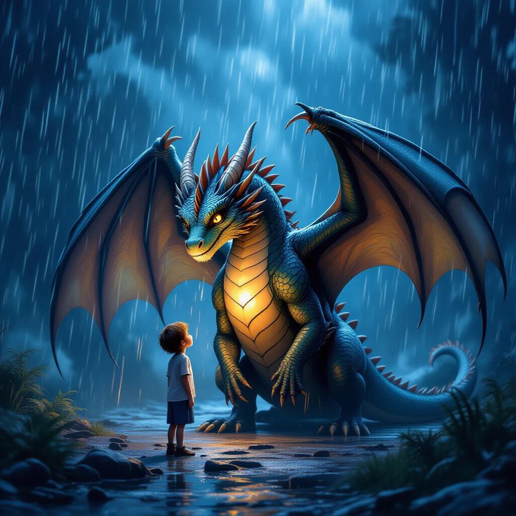 In a dark stormy night scene, a dragon shelters a boy and girl under her wings. Heavy rainfall creates a dramatic atmosphere with vivid dark colors. The image captures a magical moment in high definition.
