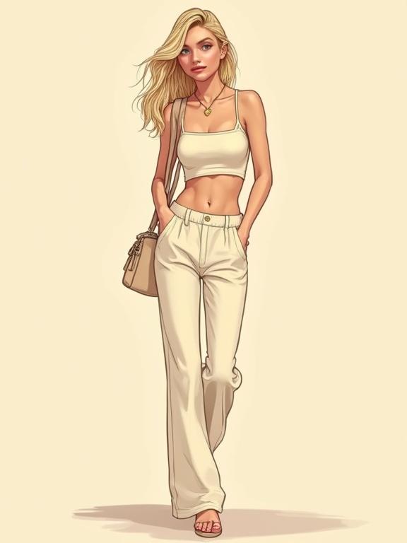 Illustration of a young adult female with blonde, wavy hair. Wearing a light beige crop top and cream pants. Carrying a beige crossbody bag. Standing with straight posture, hands in pockets. Neutral expression with amusement in her eyes. Full body shot from slightly elevated angle. Background is a soft beige tone. Style reflects sophisticated comic book art with emphasis on fashion.