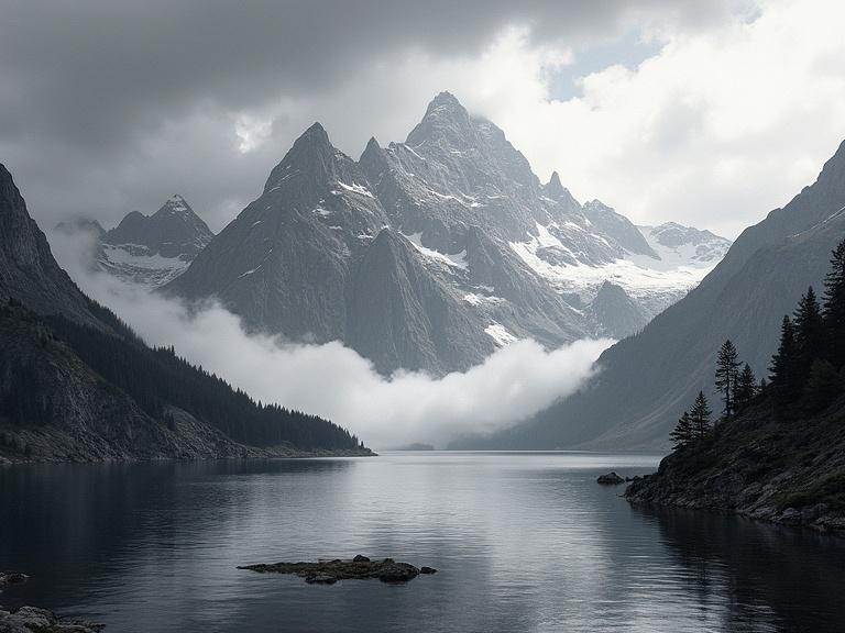 Alcohol ink glass with dramatic landscape showcasing mountainous terrain. Vast peaks and rocky slopes dominate the scene. Storm clouds fill the sky, contrasted by light patches. A calm alpine lake reflects the surroundings. Small islands and vegetation line the shores. Snow on mountaintops. High contrast light and shadow. Central mountain range with varied textures. Atmospheric perspective fades background for focus on clouds and mountains. Monochromatic palette evokes vastness and grandeur. Meticulous details reflect a nature-centric aesthetic.