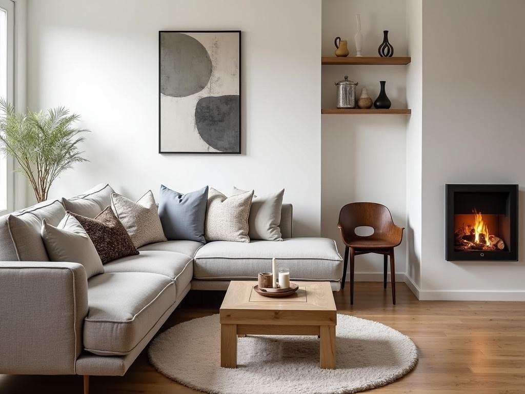 This image features a cozy living room with a modern and stylish design. The room has a light grey sectional sofa adorned with various patterned cushions. In front of the sofa, there is a small wooden coffee table, which holds a candle and a decorative plate. The floor is covered with a soft, fluffy rug, providing a warm touch to the space. A warm fire is crackling in the corner fireplace, adding to the inviting atmosphere. On the walls, there are decorative items such as a large abstract painting and a shelf with unique ceramics. The room is illuminated by natural light streaming in from the window, creating a comfortable and welcoming ambiance.