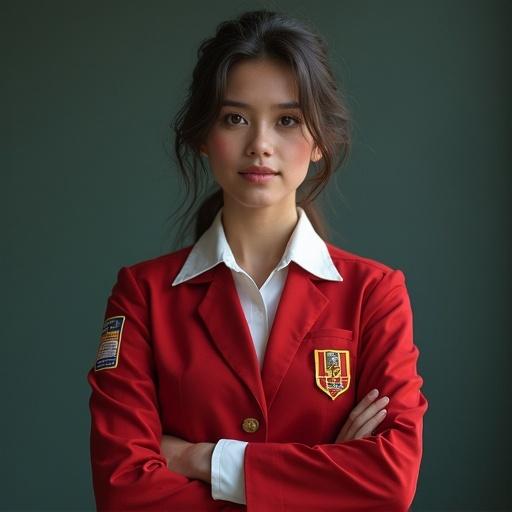 Portrait of a Chilean nurse wearing a red uniform. The portrait is photorealistic. The setting is simple and elegant.