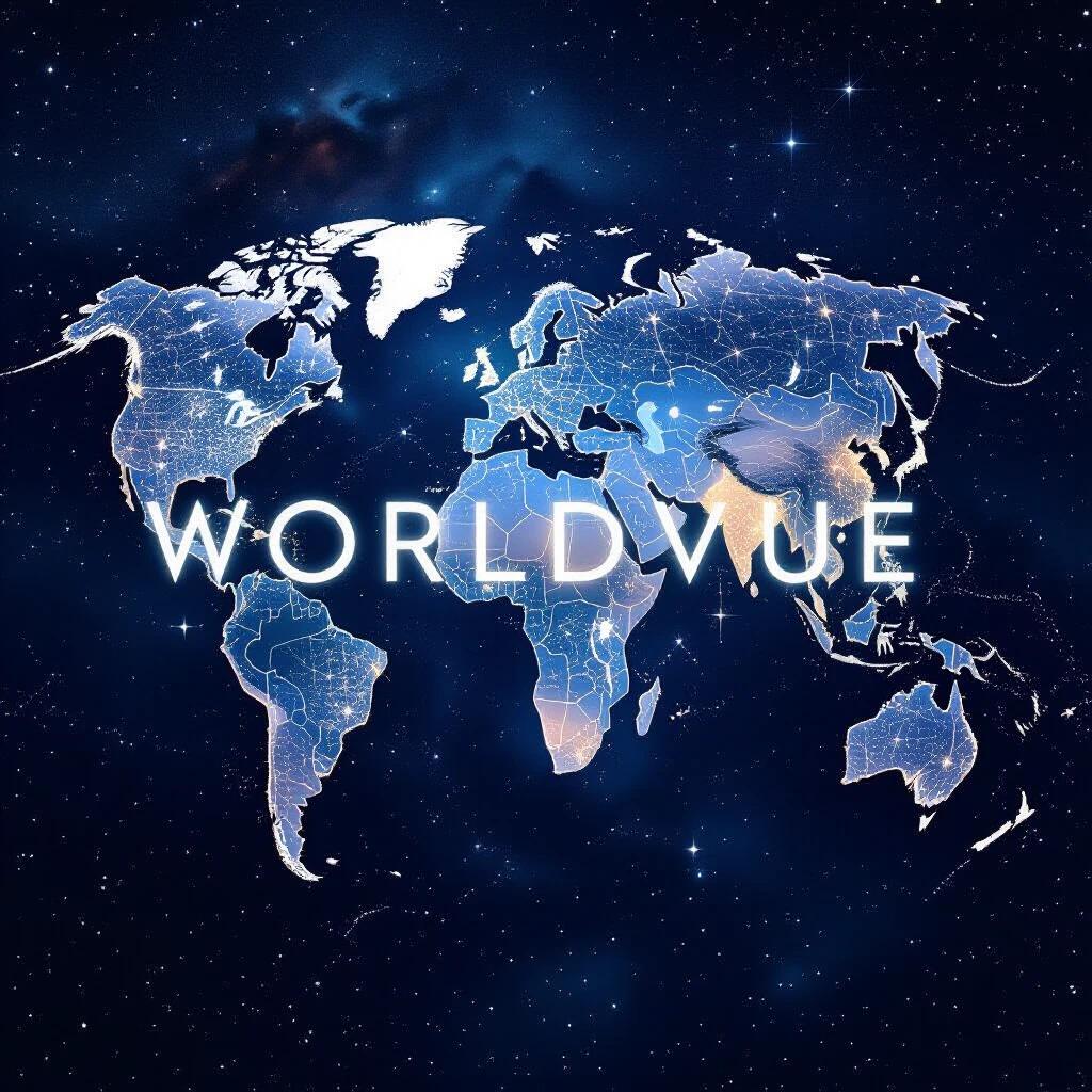 Celestial map projection depicting Earth and major cities. Glyphs of 'WorldVue' form a living constellation. Deep indigo night sky with shining stars and nebulae. Focus on intricate star patterns and vastness. Astrophotography style with cosmic themes.