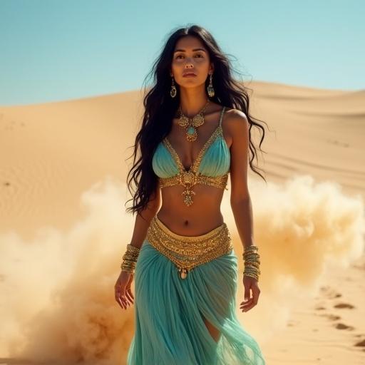 Beautiful woman with long wavy black hair in a turquoise and gold belly dancer outfit. Golden jewelry and confident expression. Walking barefoot in a desert with swirling sand clouds. Clear blue sky and sand dunes in the background.