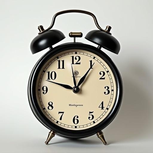 A vintage black alarm clock showing 09:45 against a plain background. It features a classic design with two bells on top and a round face.