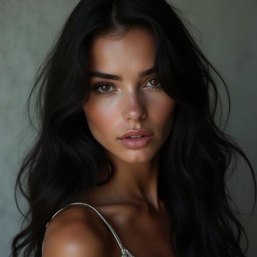 Photorealistic image featuring a beautiful woman with long dark hair gazing directly at the camera. The focus is on her elegant pose and warm skin tones under natural light. Enhancements include soft lighting to highlight her features and a straight-on perspective to connect with viewers.